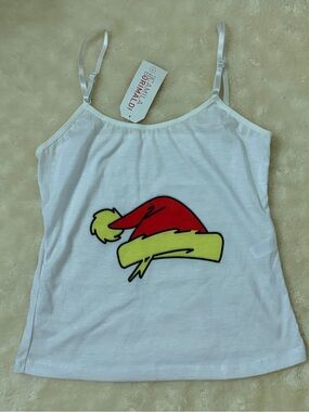 Pajama/White Graphic Camisole Tank with Red & green Hat Print, perfect christmas
